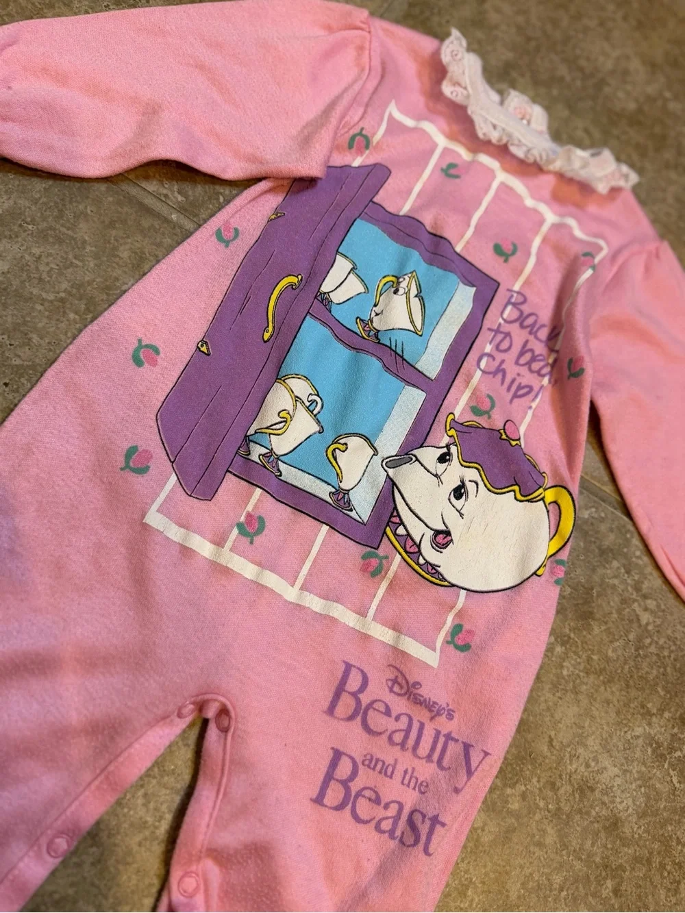 Vintage 90d Disney Beauty & the Beast Mrs. Potts Chip Footed Sleeper 18-24M